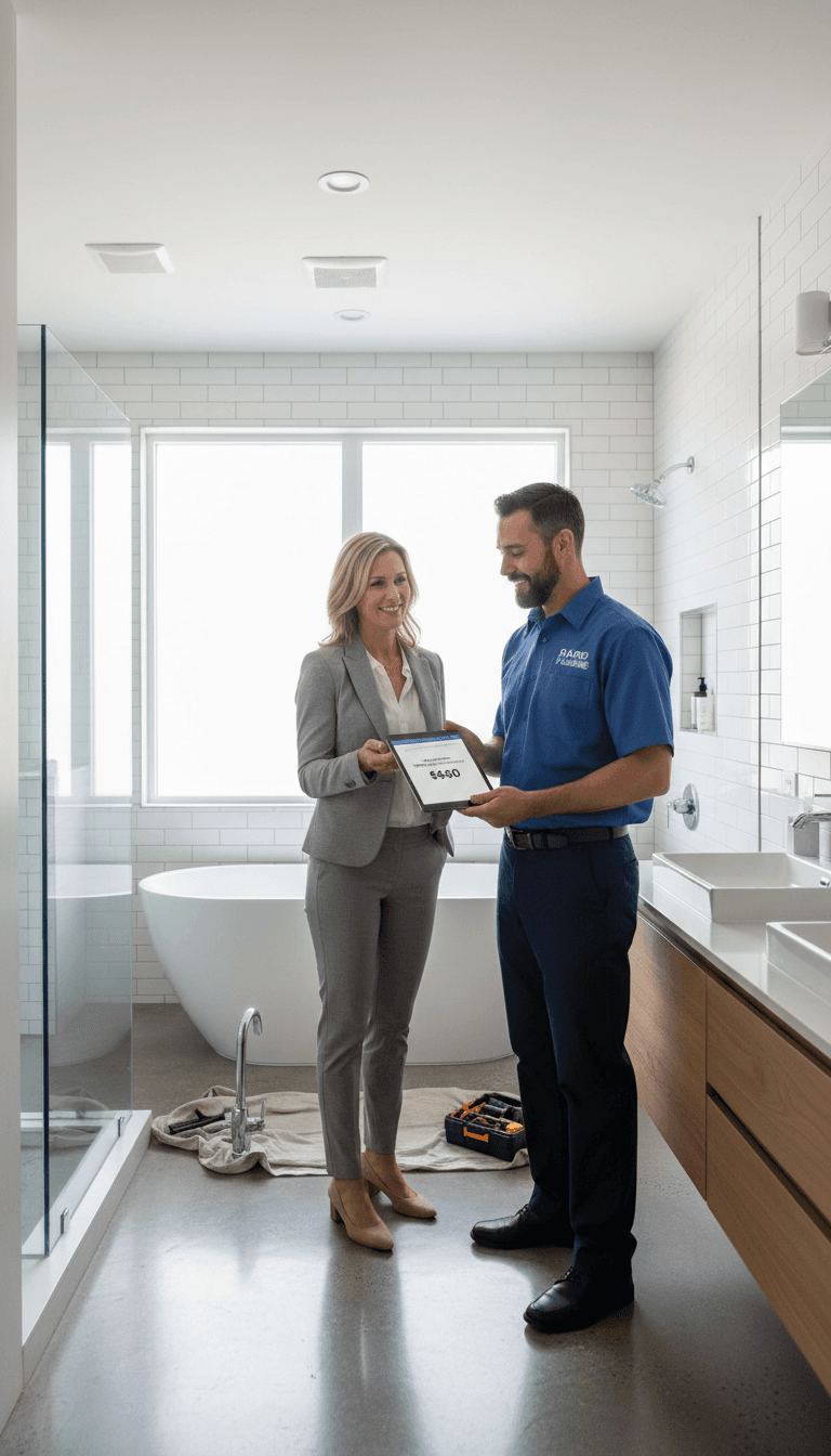 Plumber giving a price estimate to a customer in a bright bathroom