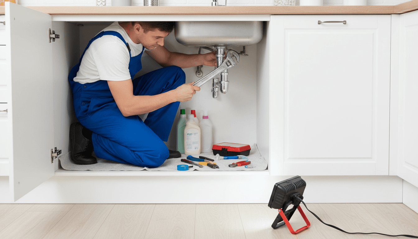 Plumber repairing a sink pipe under a kitchen cabinet