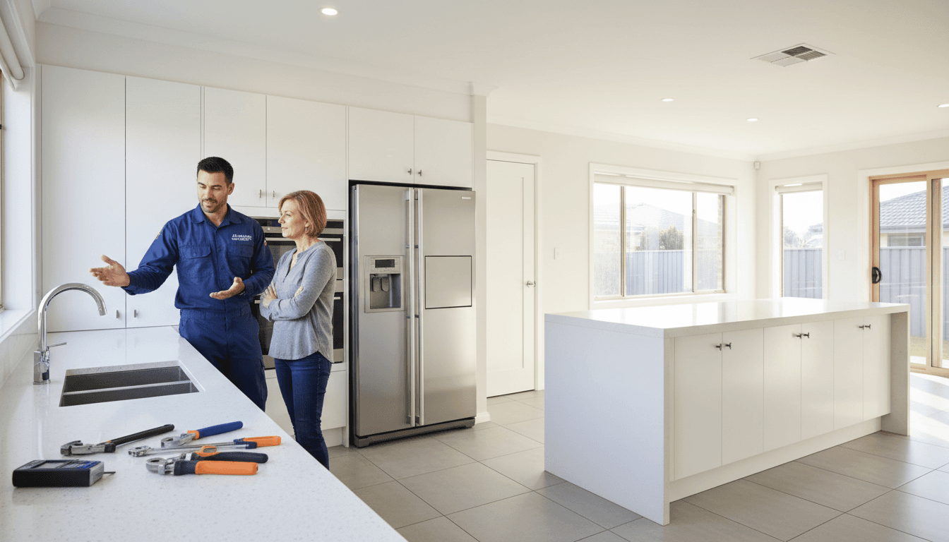 Plumber talking with a homeowner in a bright, modern kitchen