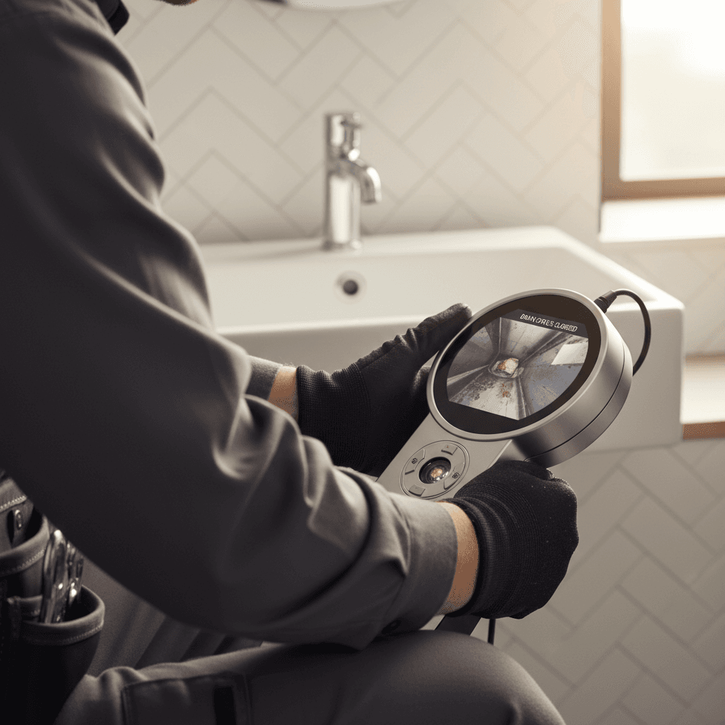 Plumber inspecting pipes under a kitchen sink